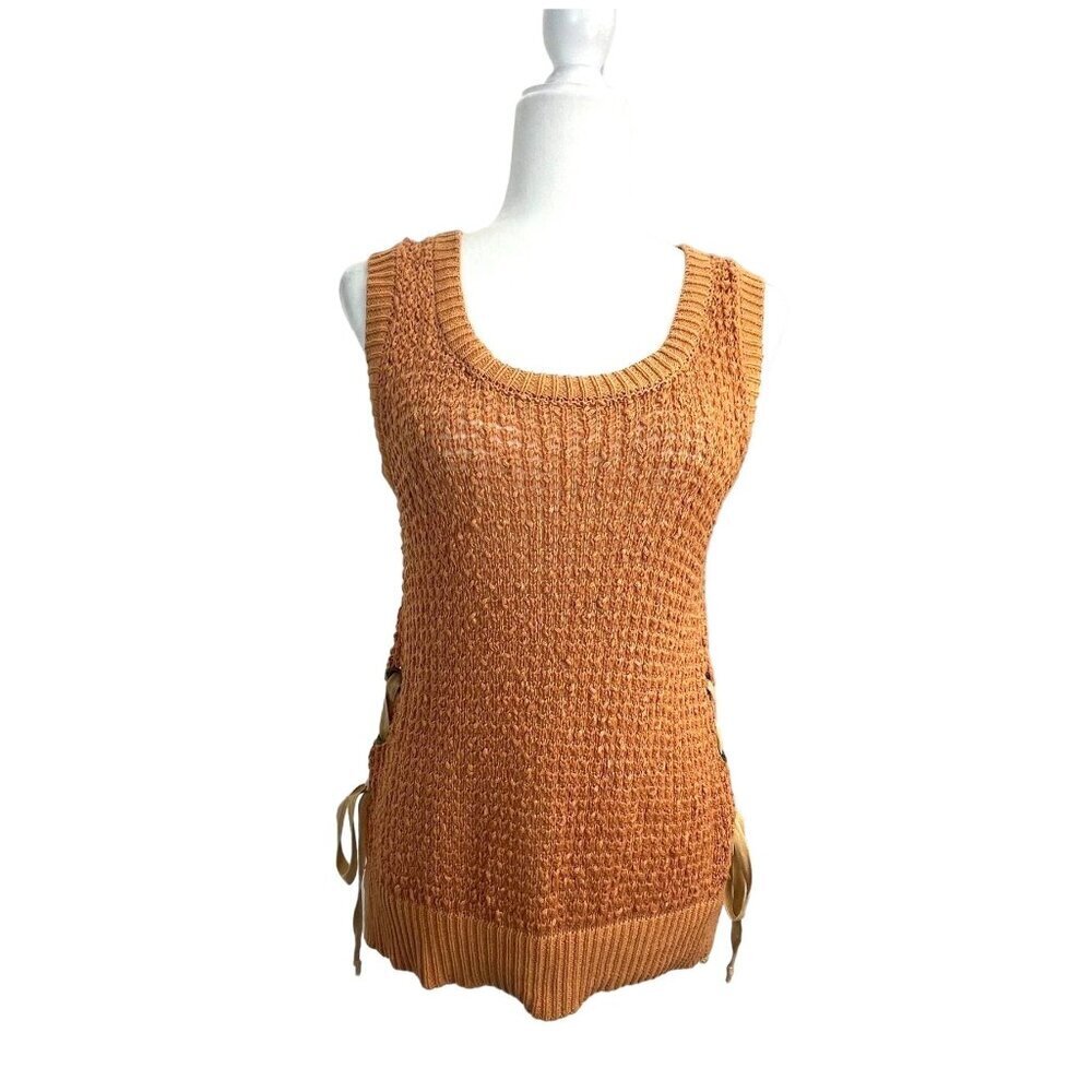 Easel Anthropologie Side Lace Sleeveless Knit Sweater Top Light Brown Rust SMALL